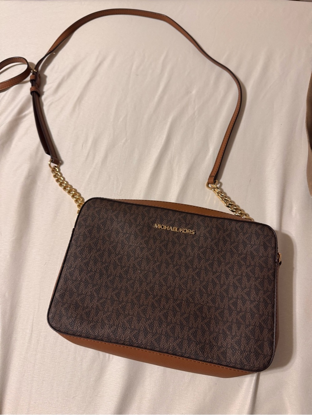 Michael Kors Brown Logo Crossbody Bag with Tan Trim and Gold Hardware